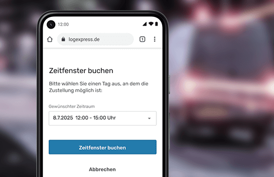Smartphone mit geöffneter Buchungsseite für ein Lieferzeitfenster am 8.7.2025, unscharfer Straßenhintergrund.