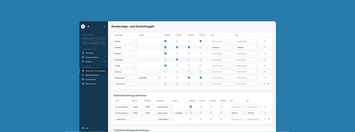Auf hellblauem Hintergrund ein Screenshot der Software EIKONA Avisierung.