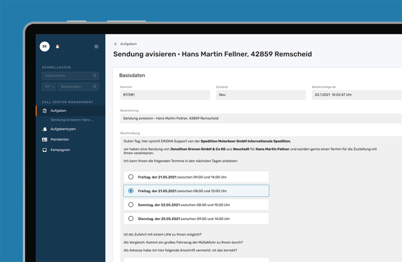 Die Software EIKONA Call Center mit einem Anruftemplate für strukturierte telefonische Avisierung für externe Dienstleister.