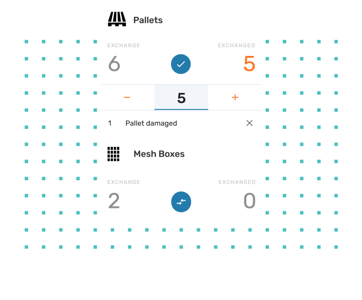 A screenshot shows the exchange movements of pallets and mesh boxes.