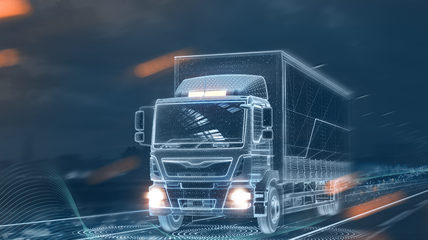 Ein schemenhafter LKW fährt auf einer angedeuteten Straße. Das Bild ist in Blau- und Orangetönen gehalten.