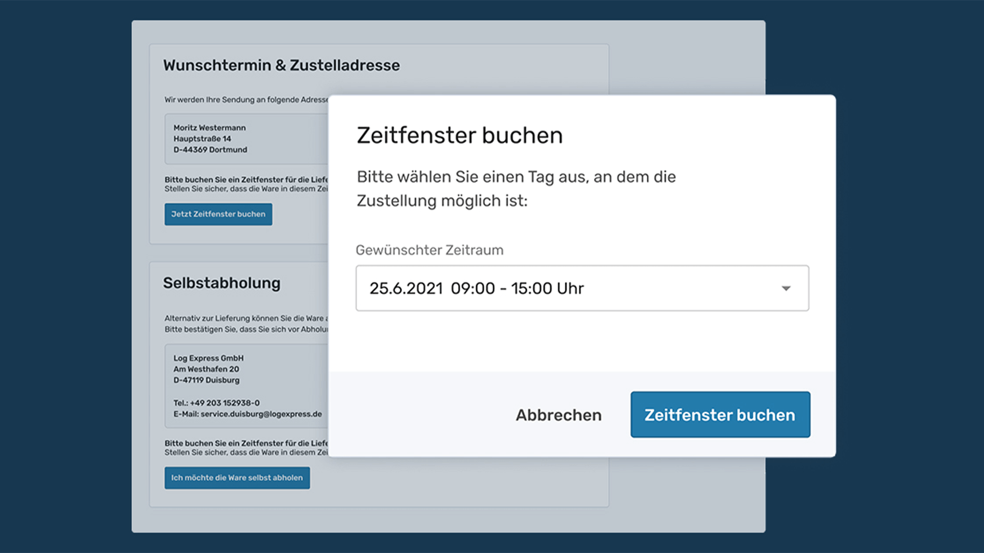 Screenshot der EIKONA Avisierungssoftware, der die Auswahl eines Zeitfensters zur Zurstellung zeigt.