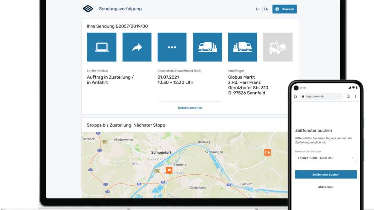 Screenshot der Software zur EIKONA Logistics Cloud auf Desktop und dem Mobiltelefon.