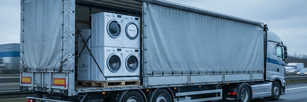 Ein LKW transportiert Haushaltsgeräte auf der Autobahn und veranschaulicht die Optimierung von Logistiklinien.