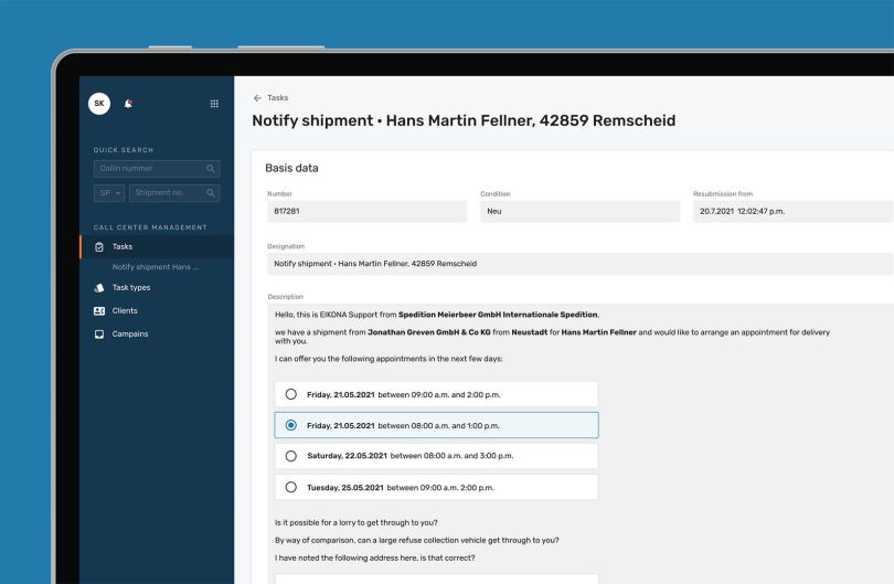 Screenshot of the English EIKONA notification software, showing the selection of a time window for provisioning.