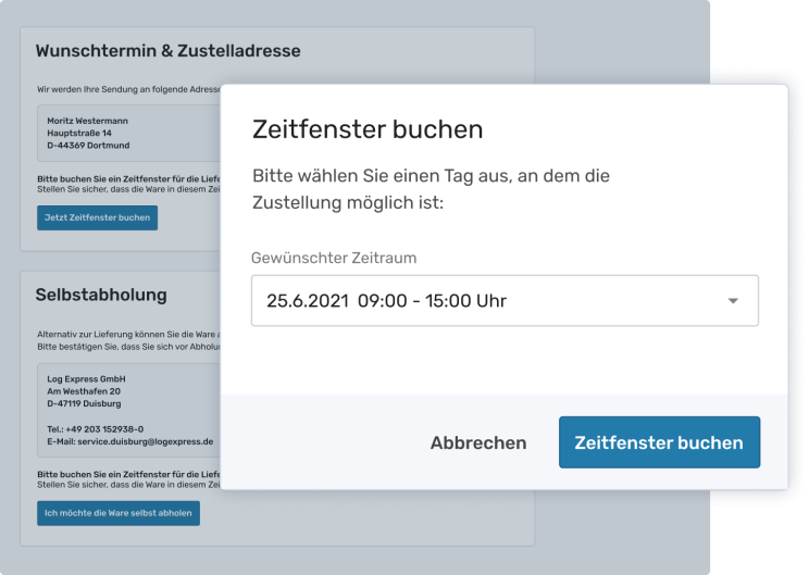 Screenshot der Software zur EIKONA Logistics Cloud, in dem ein Zeitfenster für die Zustellung gebucht werden kann.