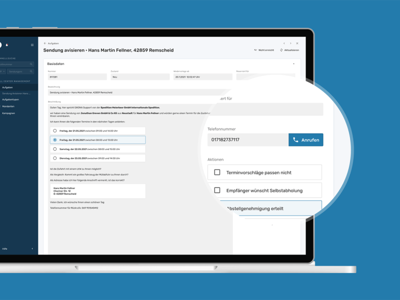 Auf hellblauem Hintergrund ein Bildschirm. Darauf sind Daten einer Sendungsavisierung zu sehen.