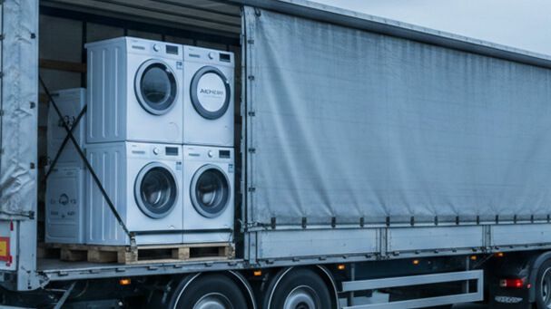 Ein LKW transportiert Haushaltsgeräte auf der Autobahn und veranschaulicht die Optimierung von Logistiklinien.