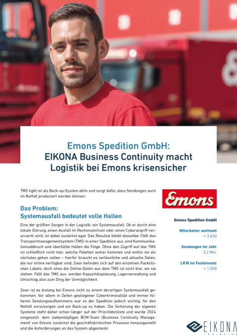 Ein Dokument mit der Überschrift "EIKONA Business Continuity macht Logistik bei Emons krisensicher"