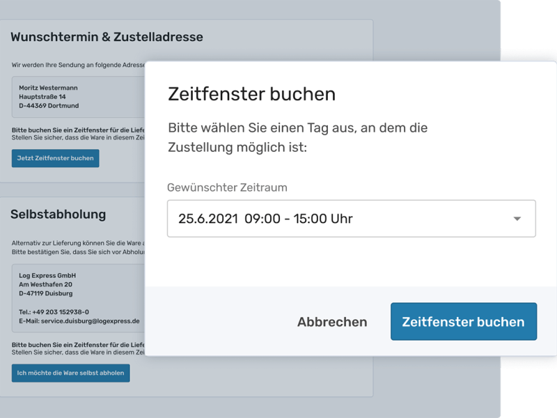 Screenshot der EIKONA Avisierungssoftware, der die Auswahl eines Zeitfensters zur Zurstellung zeigt.