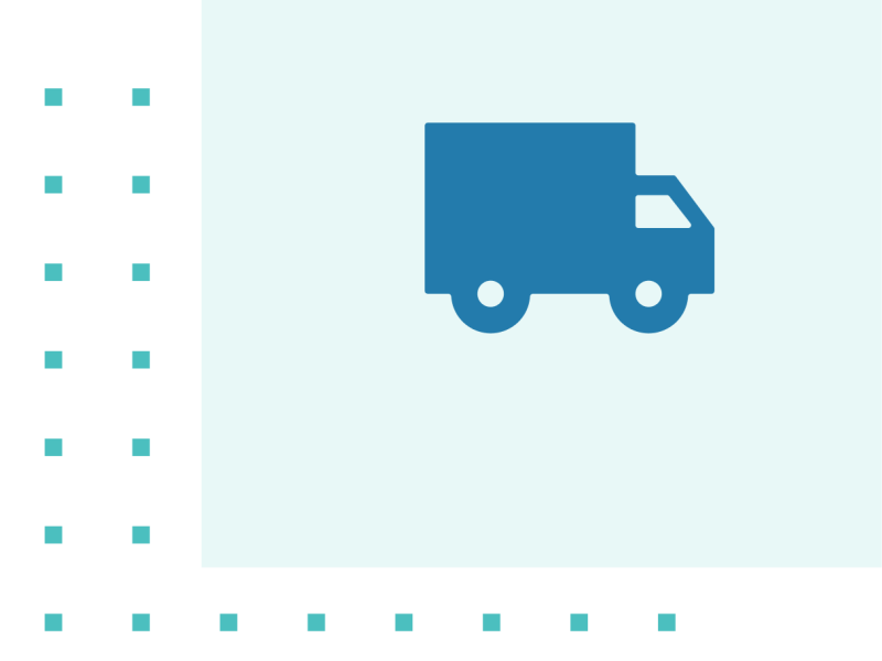 Icon of a truck in medium blue, on a light blue square with a grid of light blue small squares on the left and bottom edges.