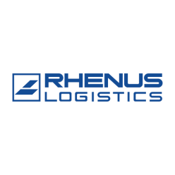Das Rhenus-Logo zeigt den Schriftzug „Rhenus Logistics“ in kräftigem Blau auf hellem Hintergrund.