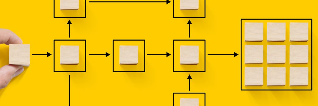 Ablaufdiagramm auf gelbem Hintergrund welches für Transparenz und automatisierte Abläufe durch Business Process as a Service steht