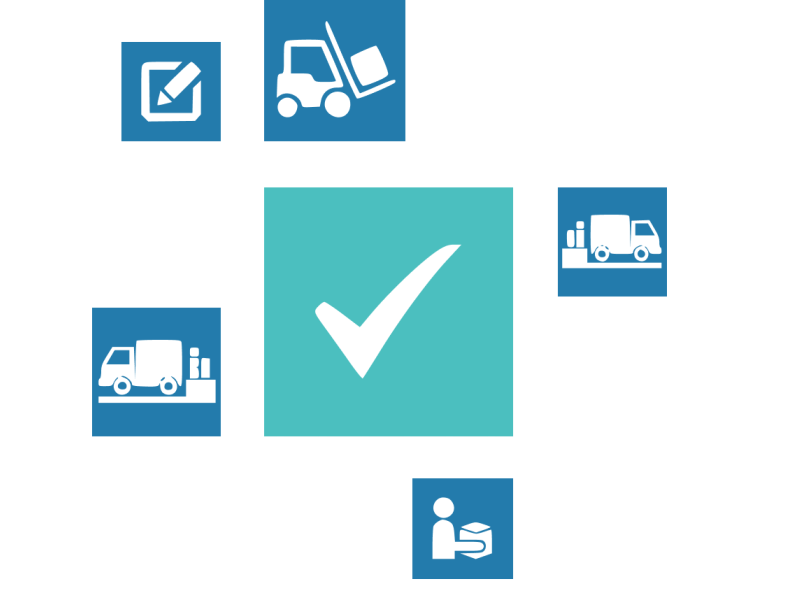 Symbolbild für komplette Supply Chain mit Icons für Lieferung, LKW, Gabelstapler und Notiz die weltweit getrackt werden kann.