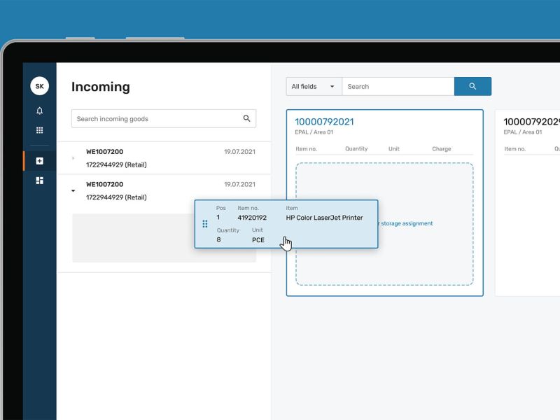On a light blue background is a screen with the goods receipt of the English EIKONA Warehouse Management Software.