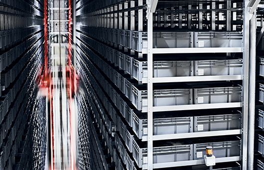 Shelf storage in an automated logistics centre.