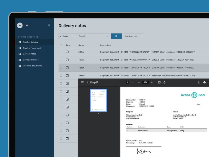An English screenshot of EIKONA Digital Archiving shows the overview of documents. A document is open at the bottom right-hand edge.