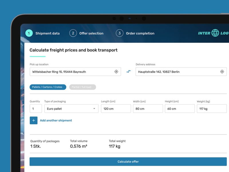 A tablet is shown on a light blue background. It shows the EIKONA Spot Price software in English for calculating freight prices and booking transport.