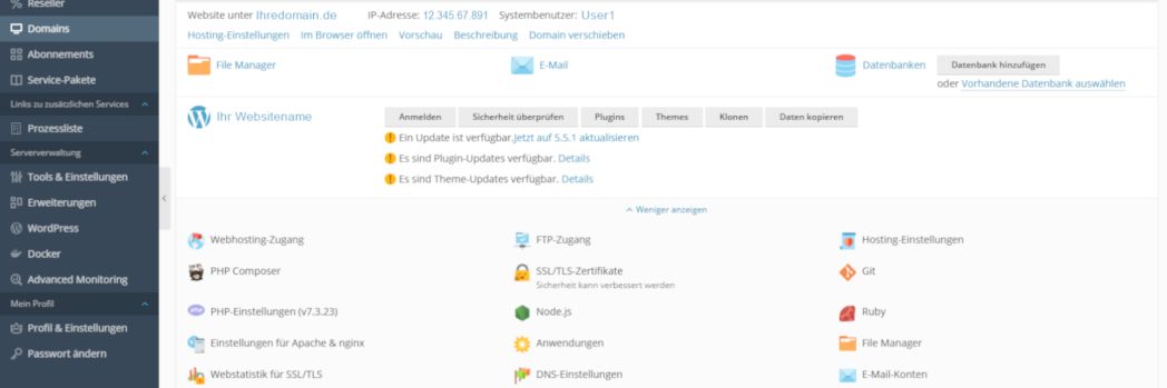 Screenshot von Bildschirm auf dem Plesk zu sehen ist