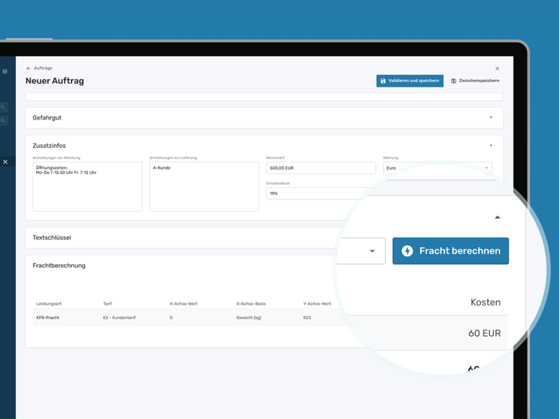 Frachtberechnung eines neuen Auftrags für Logistikunternehmen auf einem Screen.