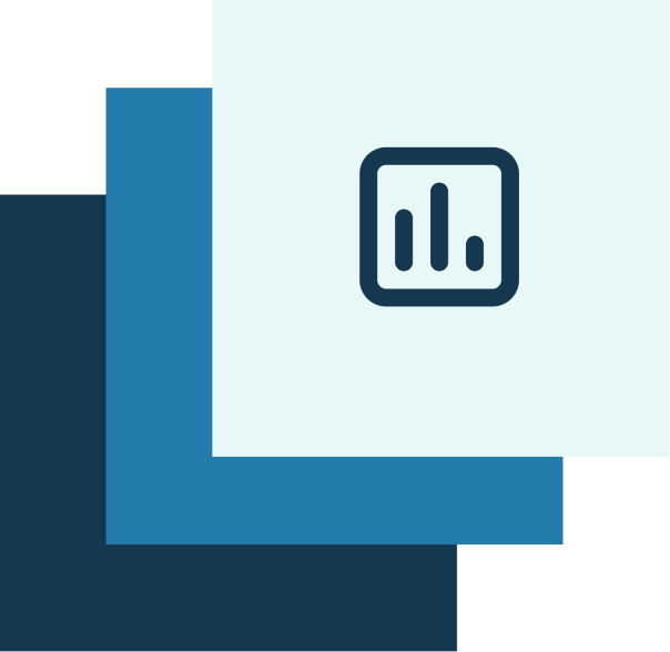 Drei Quadrate in verschiedenen Blautönen übereinander. Das oberste zeigt ein Icon mit Balkendiagramm.