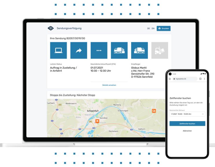 Screenshot der Software zur EIKONA Logistics Cloud auf Desktop und dem Mobiltelefon.