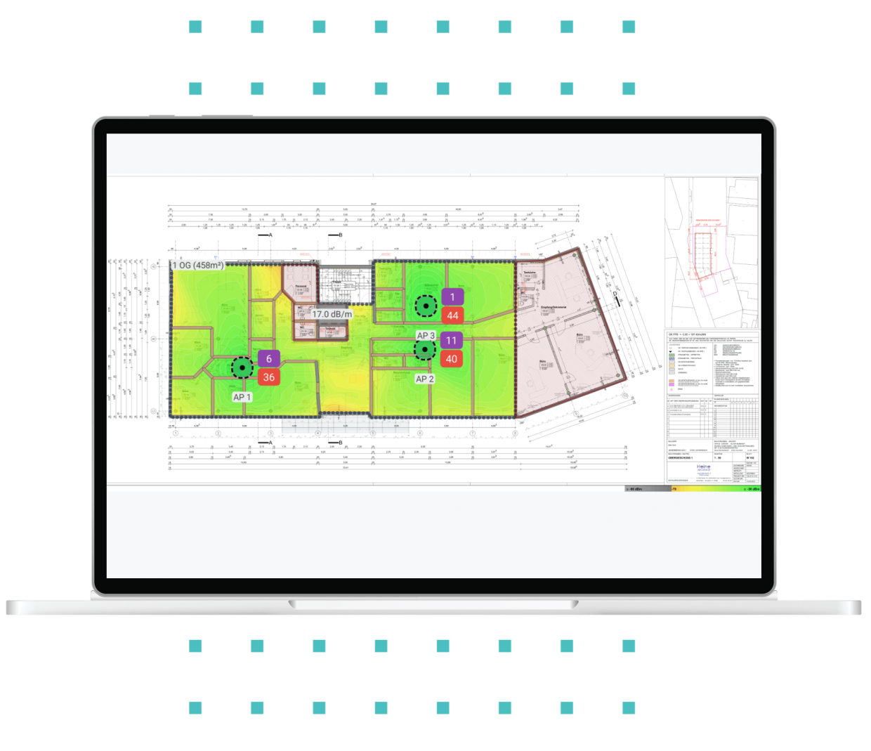 A laptop on which an industrial WI-FI heatmap is displayed.