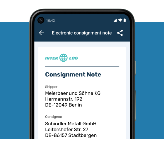 A mobile phone shows an English digital consignment note in EIKONA Freight Management.